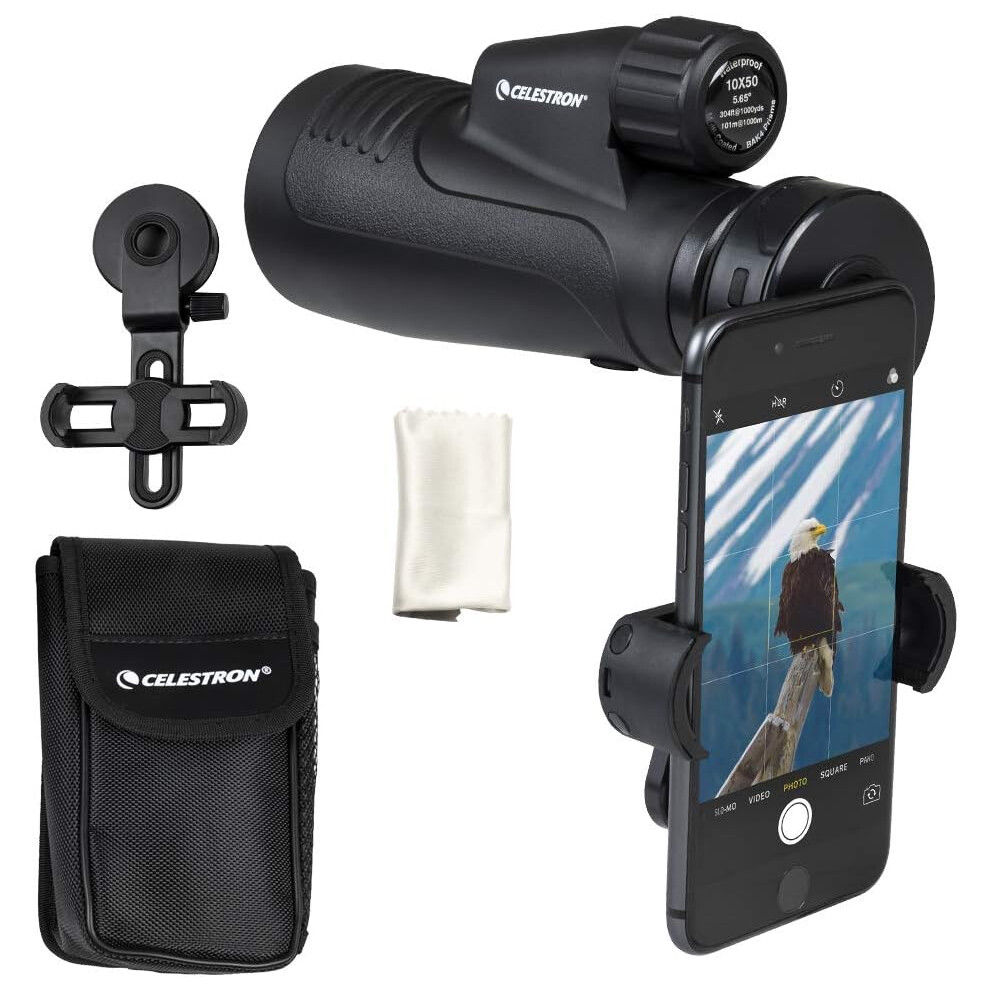 Celestron 72370 Outland X 10x50 Waterproof Monocular with Smartphone Adapter, Bluetooth Remote, Eyepiece Covers and Belt Case - Durable Housing