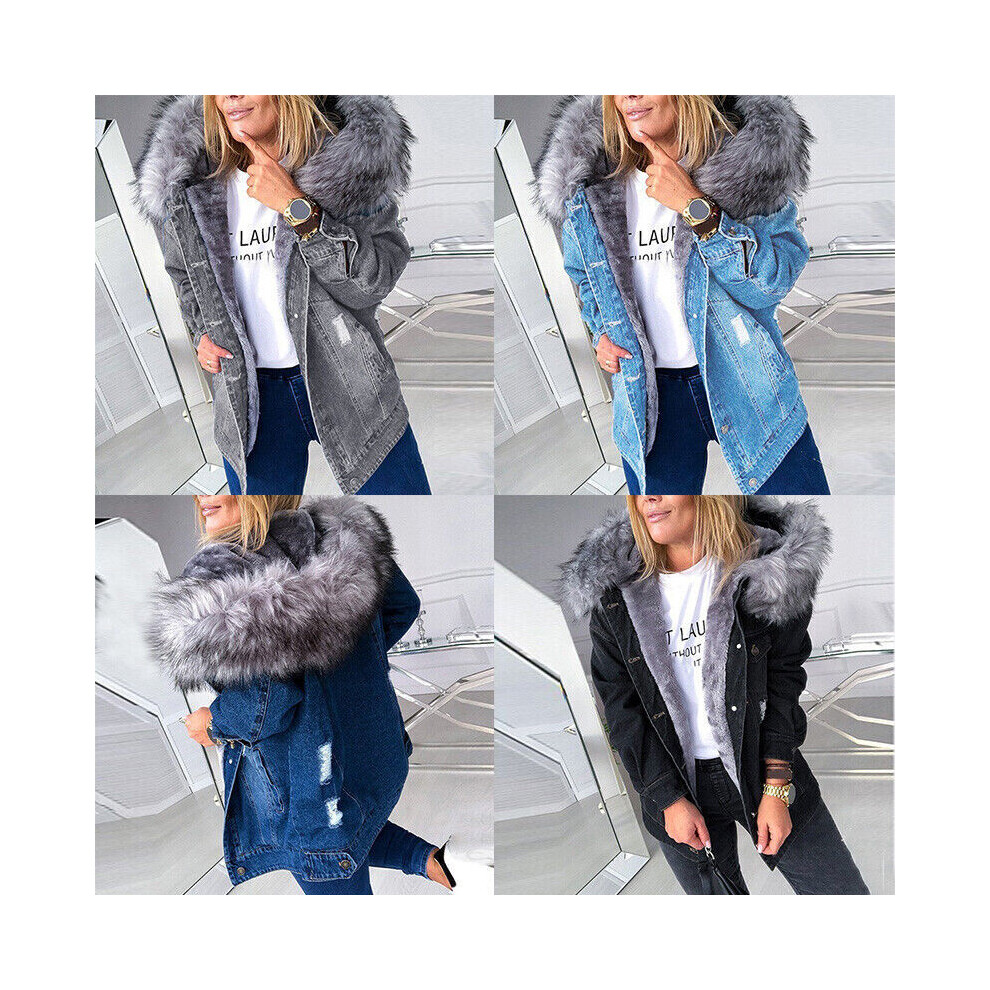 (Grey, L) Womens Ladies Fur Lining Coat Winter Warm Thick Long Jacket Outdoor Hooded Parka