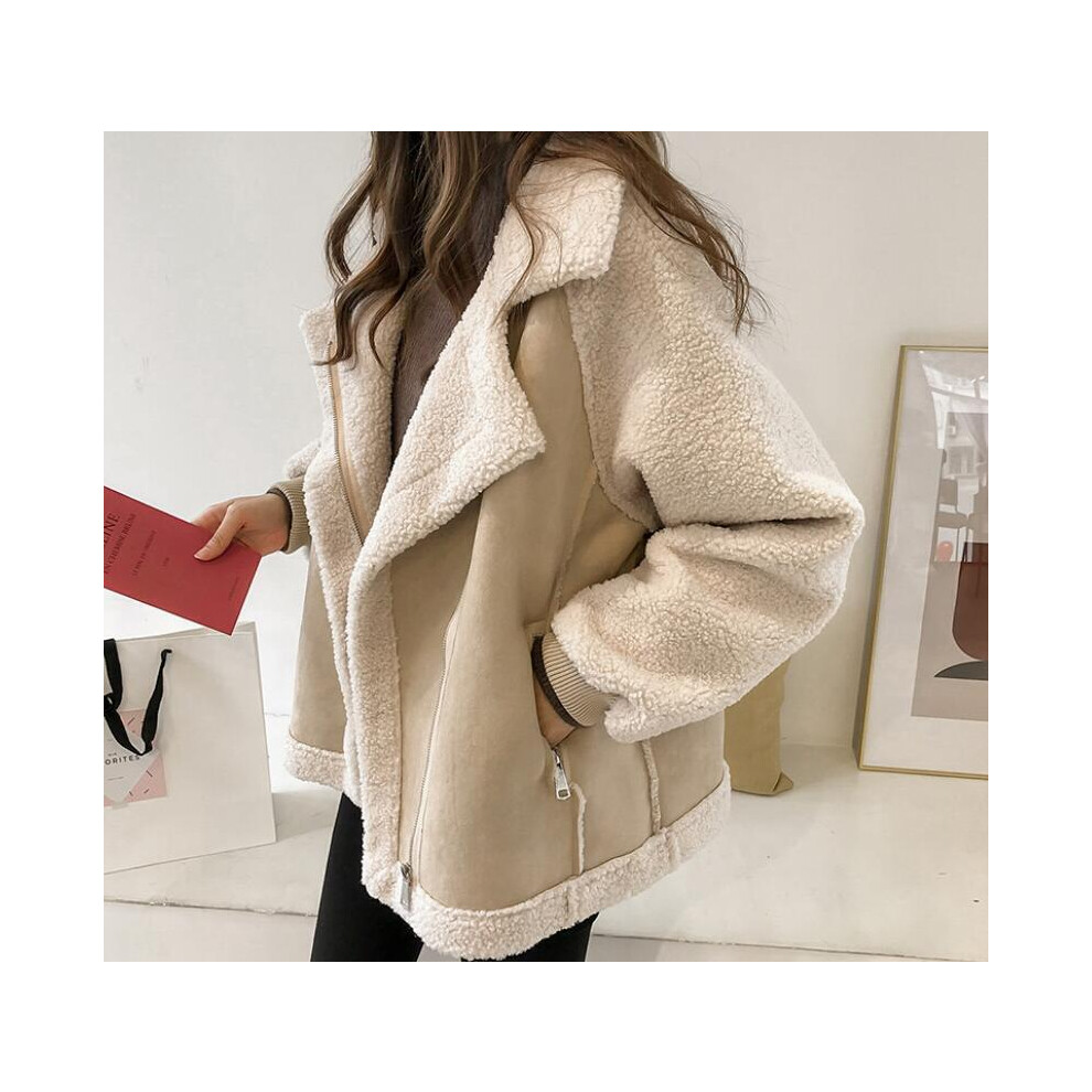 (L, apricot) Women's suede jacket coat short lamb fleece motorcycle jackets warm outwear New