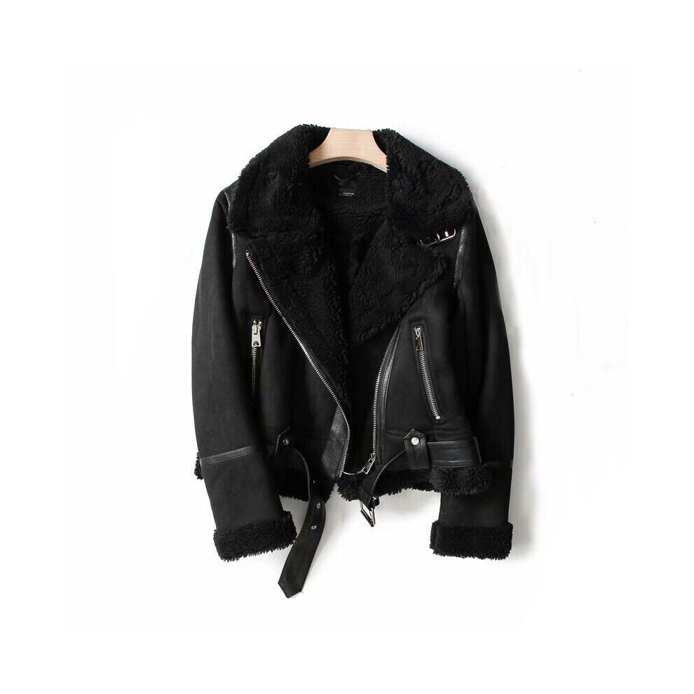 (Black, S) WInter Lapel Jacket Suede Lamb Wool Warm Coat Motorcycle Clothing Women Outwears