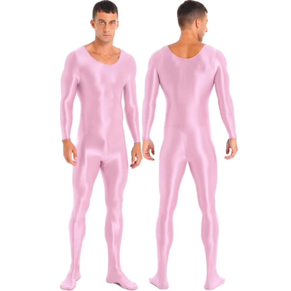 (pink, XL) Mens Glossy Smooth Full Body Leotard Bodysuit Jumpsuit Long Sleeve Bodystocking For Sports Fitness Rave Party Clubwear