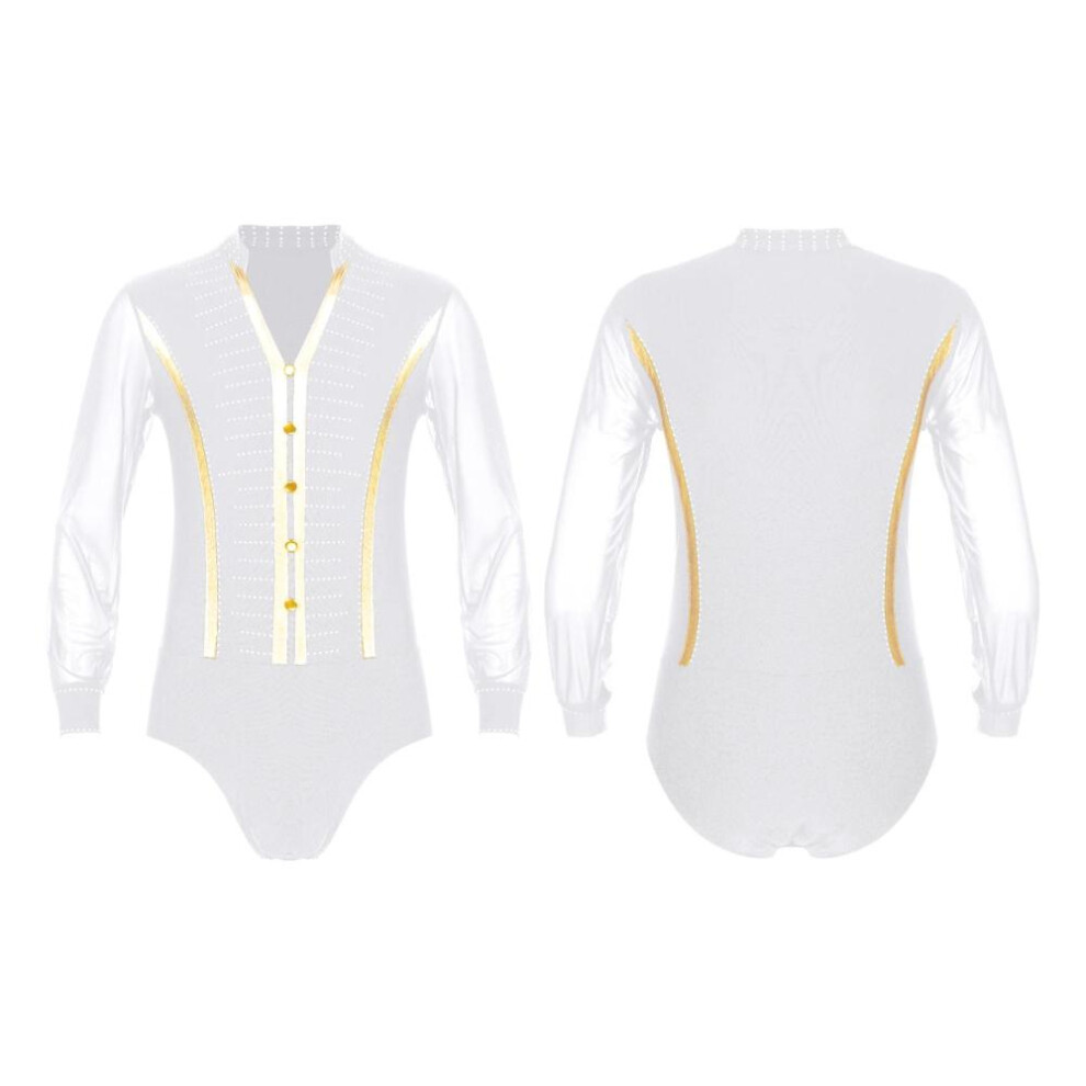 (white, S) Men&apos;s Sparkling Rhinestones Dance Shirts Unitard Ballroom Modern Latin Long Sleeve Dancewear