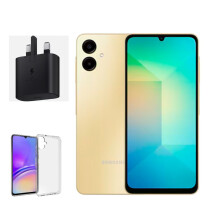 (Gold) Samsung Galaxy A06 4GB 64GB Dual Sim Unlocked with Samsung Official 25W UK charger Retail pack and clear case - Refurbished