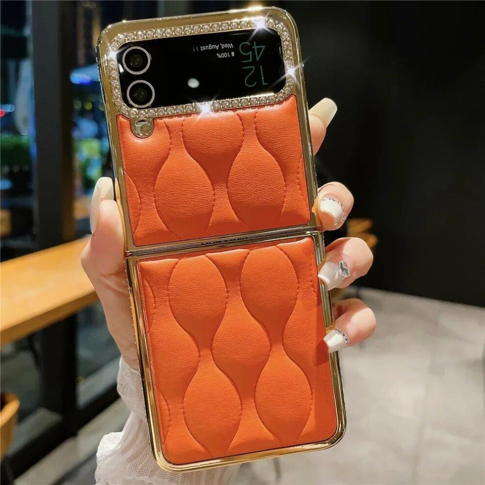 (orange, galaxy z flip 3) Luxury Plating Gold Glitter Diamond Cover for Samsung Z Flip 3 Flip 5 Plaid Stripe Soft Leather Case for Samsung Galaxy Z Flip 4