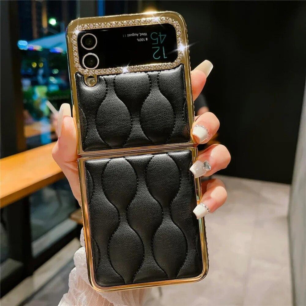 (black, galaxy z flip 4) Luxury Plating Gold Glitter Diamond Cover For Samsung Z Flip 3 Flip 5 Plaid Stripe Soft Leather Case For Samsung Galaxy Z Flip 4