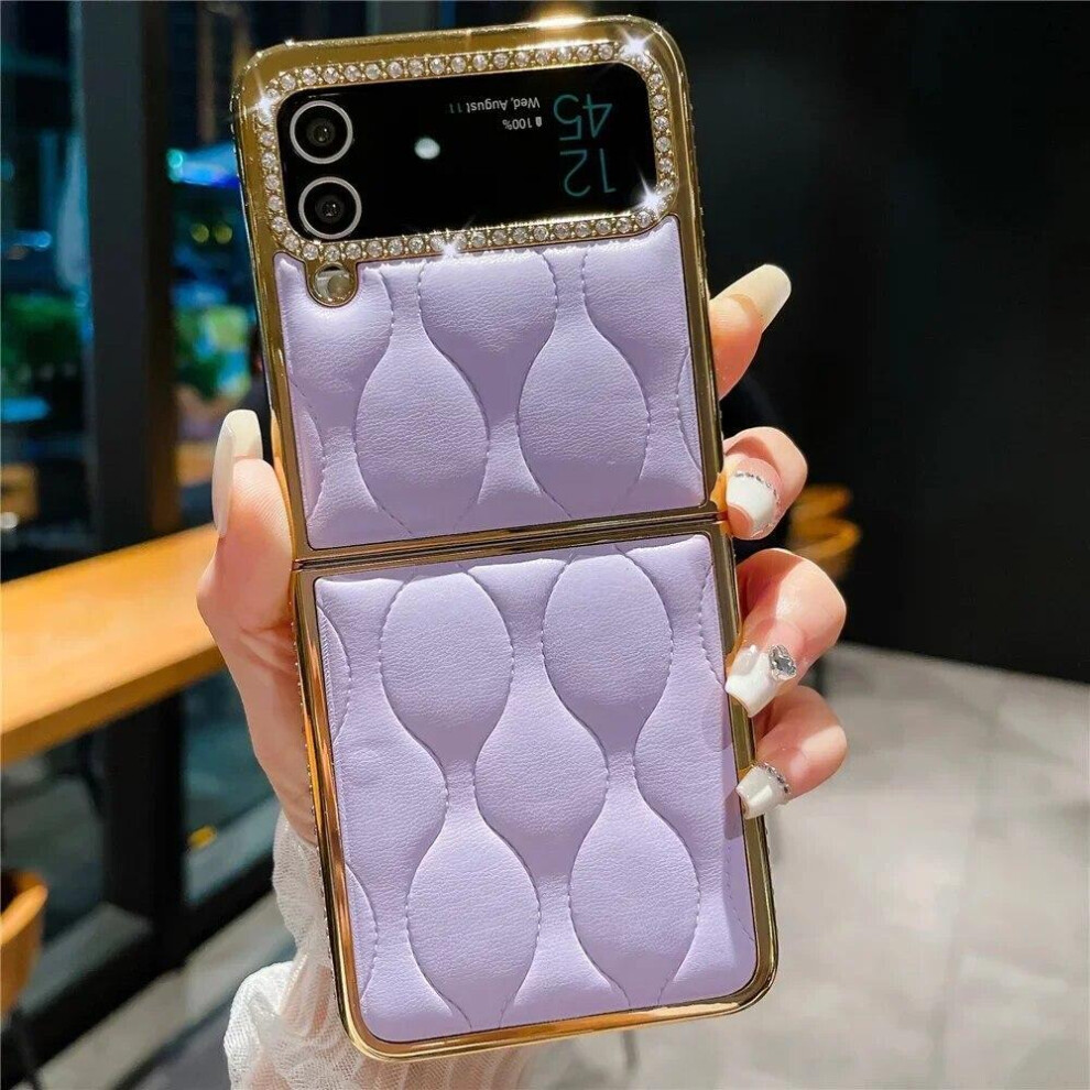 (lavender, galaxy z flip 4) Luxury Plating Gold Glitter Diamond Cover For Samsung Z Flip 3 Flip 5 Plaid Stripe Soft Leather Case For Samsung Galaxy Z Flip 4