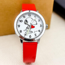 (Snoopy-Red) Tib Snoopy Children's Cartoon Quartz Watch Fashion Animation Boy Girls Luminous Wrist Watch Pu Leather Strap Cute Kids Clock Gift