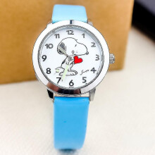 (Snoopy-Blue) Tib Snoopy Children's Cartoon Quartz Watch Fashion Animation Boy Girls Luminous Wrist Watch Pu Leather Strap Cute Kids Clock Gift