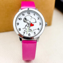 (Snoopy-Rose red) Tib Snoopy Children's Cartoon Quartz Watch Fashion Animation Boy Girls Luminous Wrist Watch Pu Leather Strap Cute Kids Clock Gift