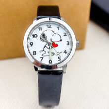 (Snoopy-Black) Tib Snoopy Children's Cartoon Quartz Watch Fashion Animation Boy Girls Luminous Wrist Watch Pu Leather Strap Cute Kids Clock Gift