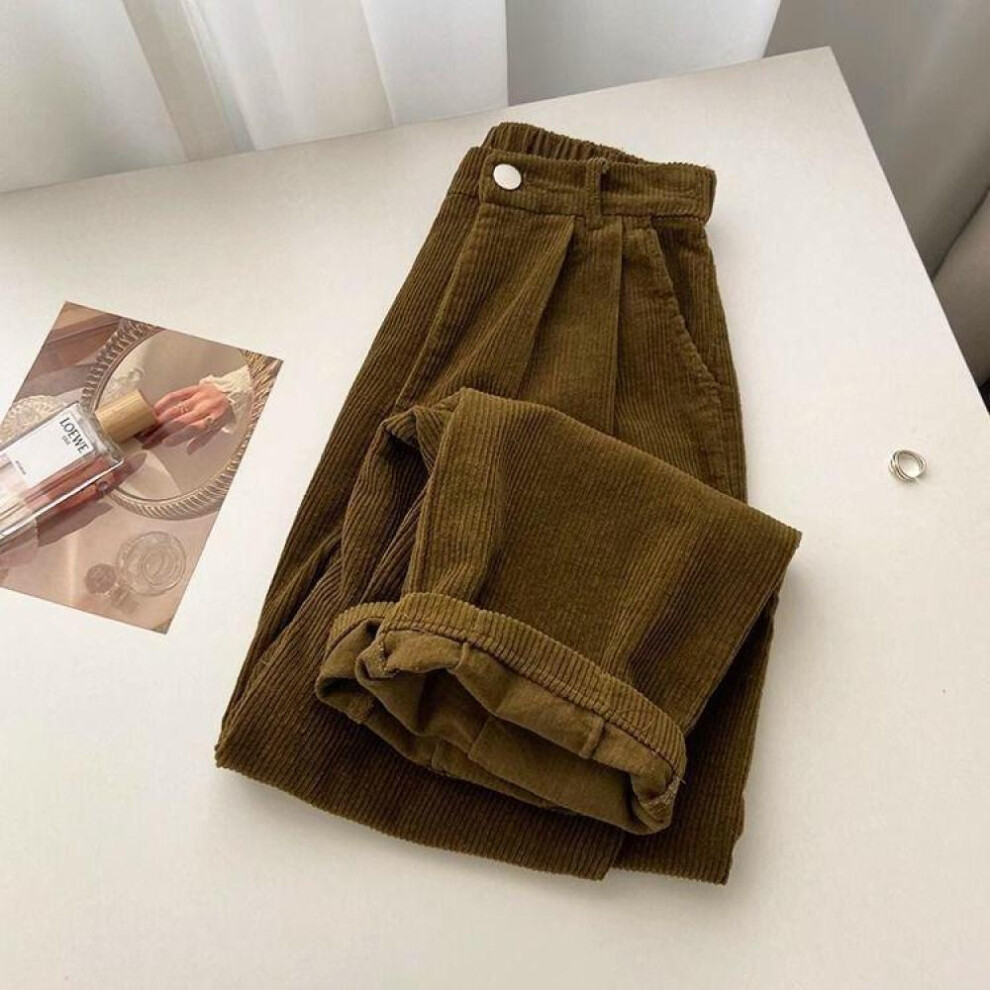 (khaki, S) Retro High Waist Corduroy Pants Women Spring Fall Straight Casual Full Length Trousers Korean Fashion Baggy All Match Black Pant Plus Size