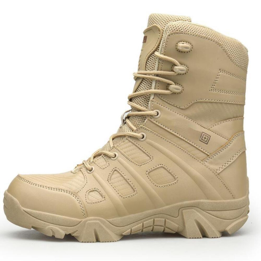 (khaki, 45) Men&apos;s Waterproof Anti-slip Tall Boots Desert Outdoor Hiking Boots Large Size Tactical Military Shoes 39-47