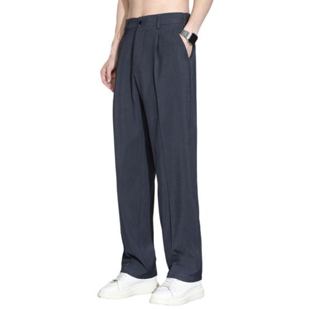 (dark gray, 4XL) Men Ice Silk Casual Long Pants Elastic Waist Buttons Fly Pockets Straight Wide Leg Draped Thin Business Trousers