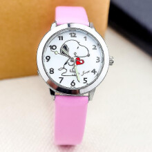 (Snoopy-Pink) Snoopy Children's Cartoon Quartz Watch Fashion Animation Boy Girls Luminous Wrist Watch Pu Leather Strap Cute Kids Clock Gift Tw
