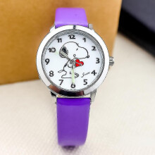 (Snoopy-Purple) Snoopy Children's Cartoon Quartz Watch Fashion Animation Boy Girls Luminous Wrist Watch Pu Leather Strap Cute Kids Clock Gift Tw