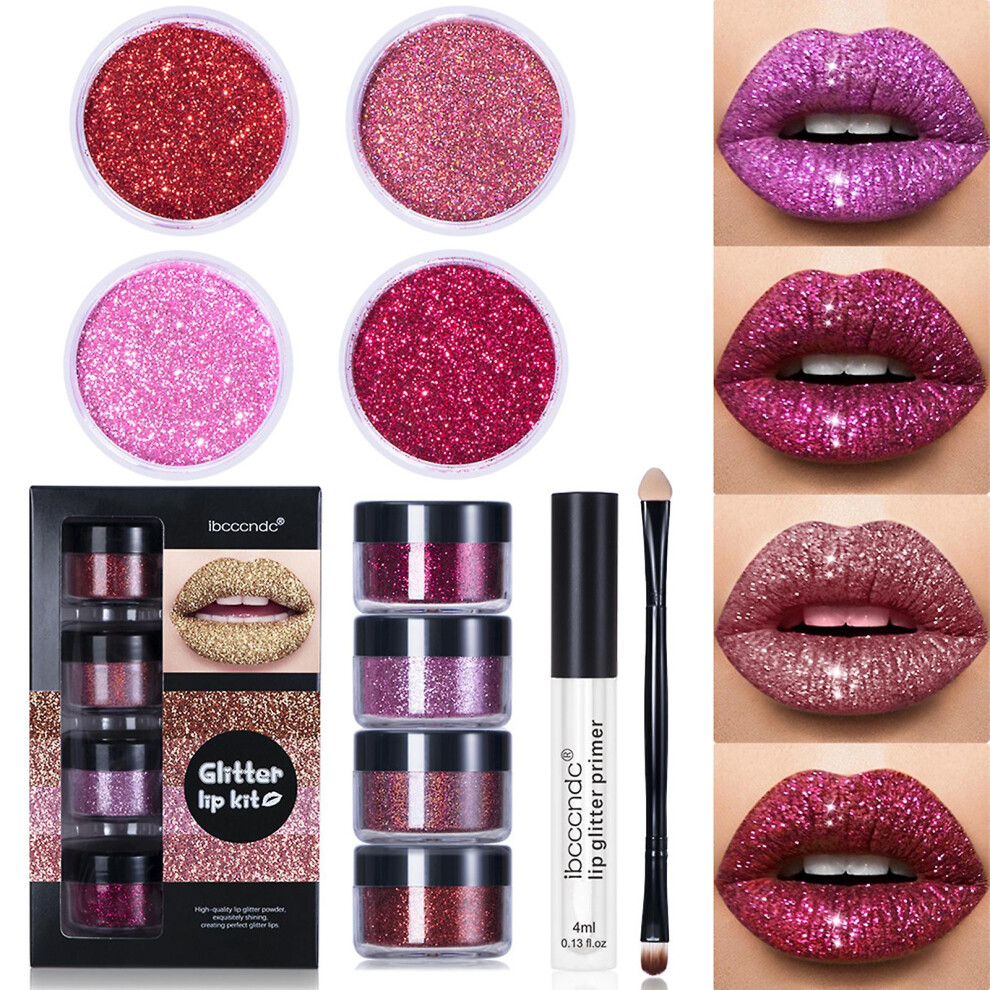 Ibcccndc 4 Colors Glitter Lip Kit Diamond Metallic High Pigmented Powder Long Lasting Waterproof For Lips Cosmetics Glitter Lips Makeup With Lip Prime