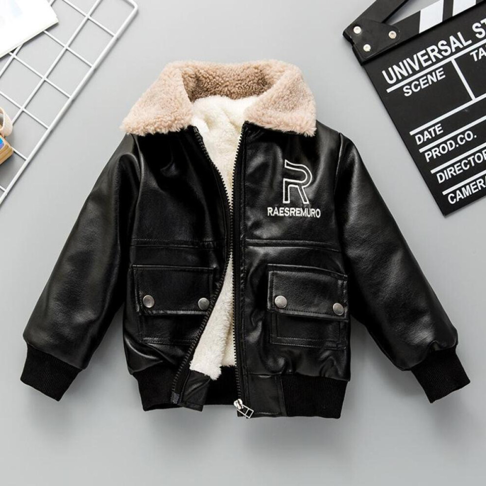 (black, 140cm) Boy&apos;s Plush Thickened Leather Coat Children&apos;s Autumn And Winter Leather Jacket Handsome Coat