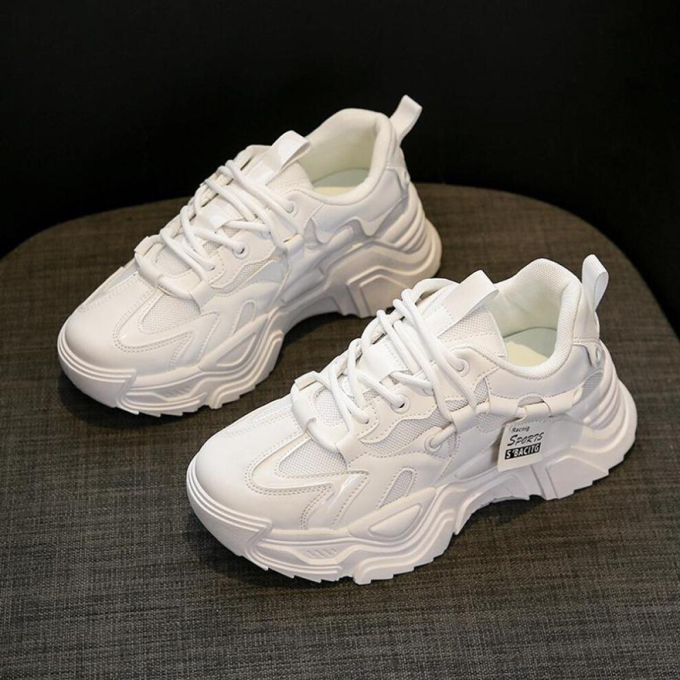 (white, 35) New Korean Version Of Student Shoes  Casual Sports Shoes Quality Leather Platform Shoes Women High Heel Sneakers Round Toe Dad Shoes