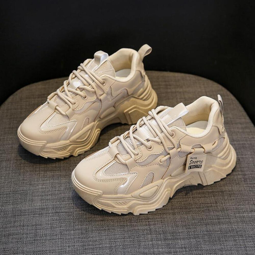 (brown, 36) New Korean Version Of Student Shoes  Casual Sports Shoes Quality Leather Platform Shoes Women High Heel Sneakers Round Toe Dad Shoes