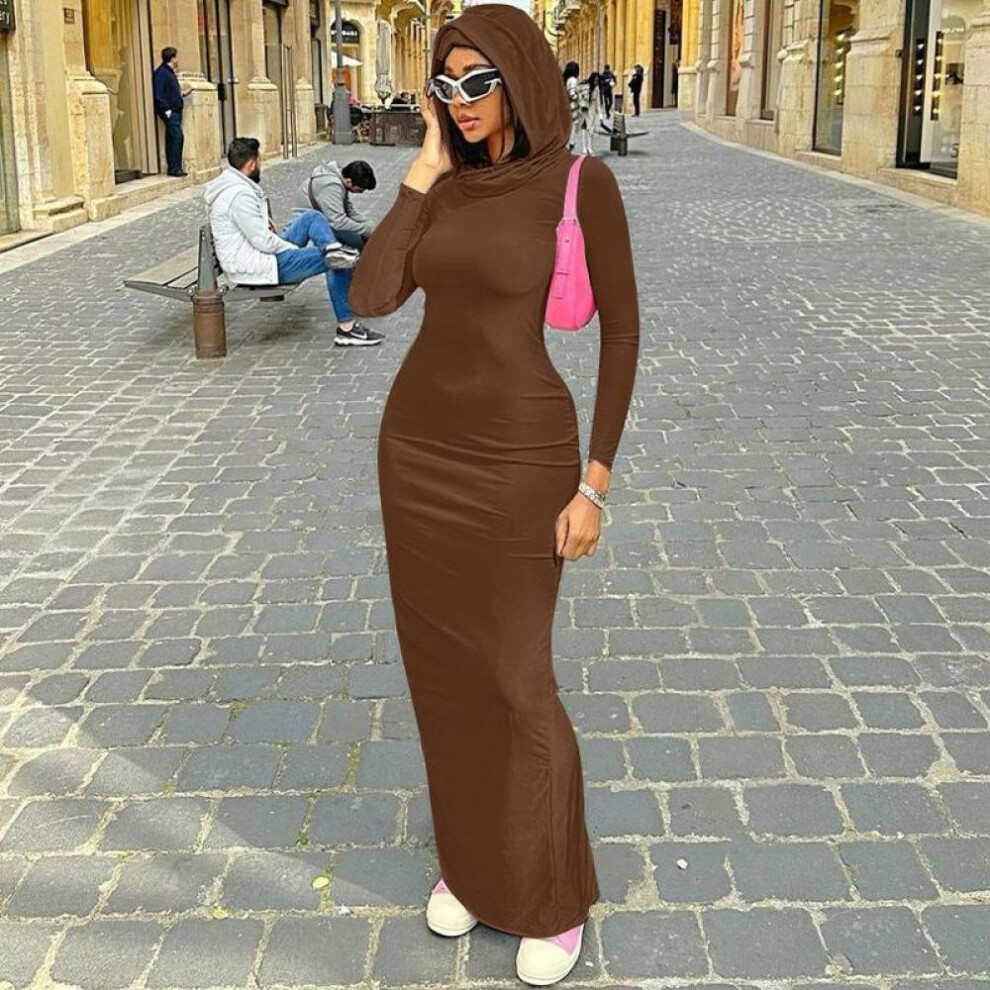 (brown, XL) Hooded Long Sleeve Bodycon Maxi Dress Fashion Tight Casual T-shirt Dress Autumn Winter Long Dress Black Grey