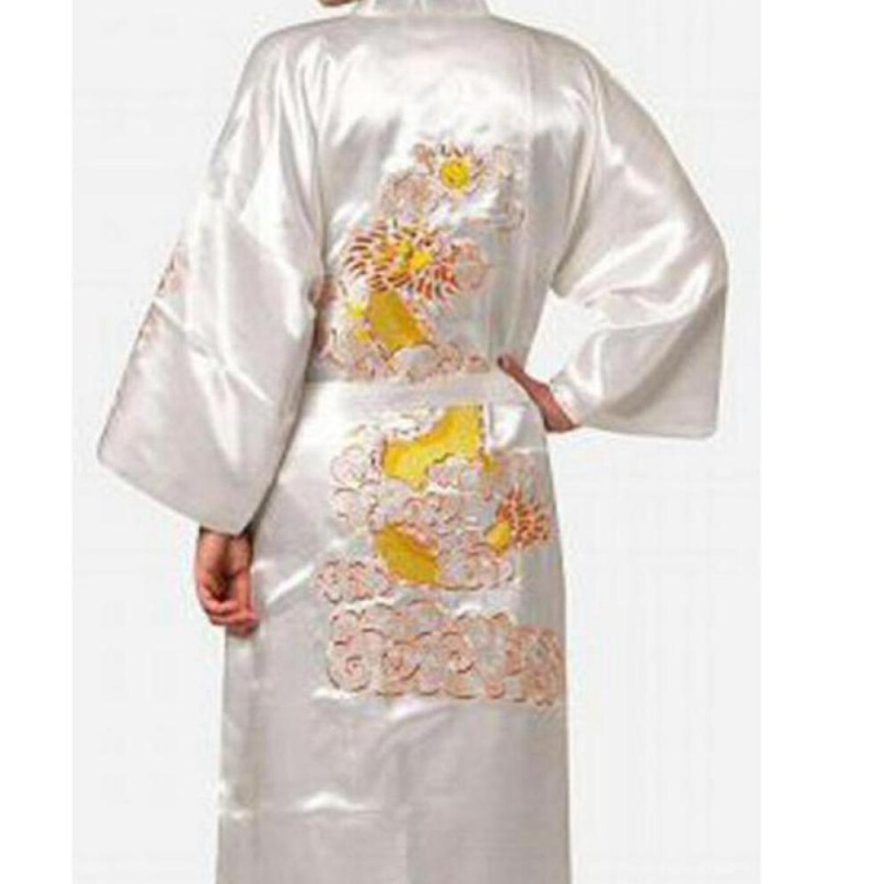 (white, XL) Silk Pajamas Robe Embroidery Dragon Kimono Bath Gown Sleepwear Nightgown Pajama