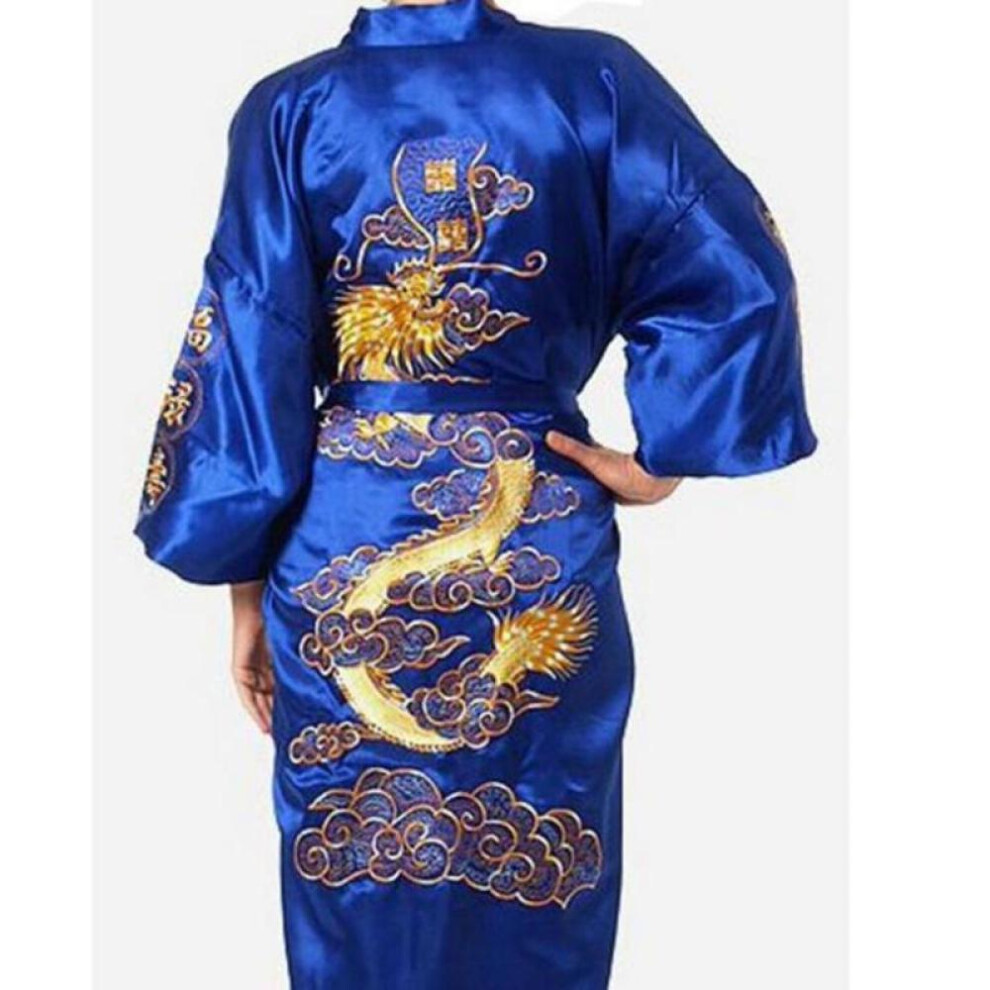 (sapphire blue, M) Silk Pajamas Robe Embroidery Dragon Kimono Bath Gown Sleepwear Nightgown Pajama