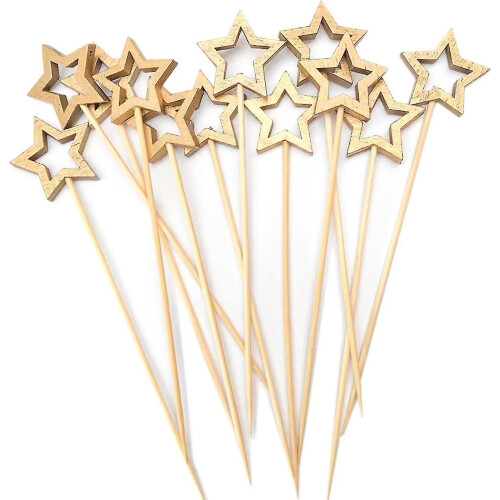 Gold Star Bamboo Cocktail Picks,14cm Long Decorative Toothpicks Skewers For Fruits And Drink Garnish, Holiday Party Decorations 50 Pcs Hl1