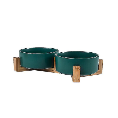 (Double Bowls-Green, S) Ceramic Cat Dog Bowl Dish With Wood Stand No ...