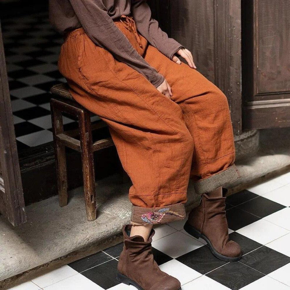(orange, One Size) Johnature Women Vintage Embroidery Harem Pants Solid Color Cotton Linen Thick Plus Cotton Trouser Winter Warm Women Pants