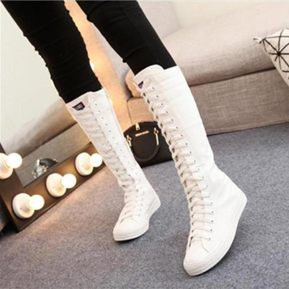 (white, 38) Women Motorcycle Flat Tall Punk Shoes Womens Knee High Boots Ladies Canvas Lace Up Zipper Boots Autumn Woman Shoe