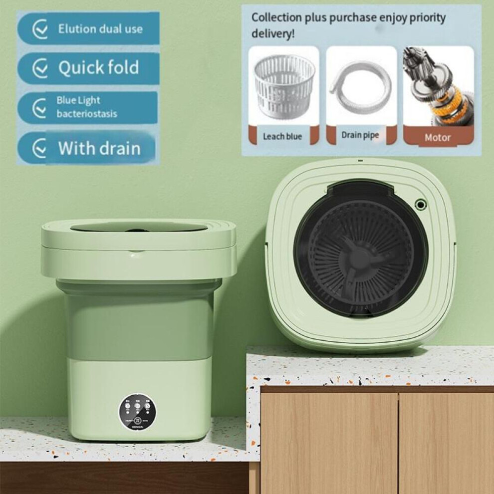(green, EU Plug) 9l Folding Portable Washing Machine Big Capacity With Spin Dryer Bucket For Clothes Travel Home Underwear Socks Mini Washer