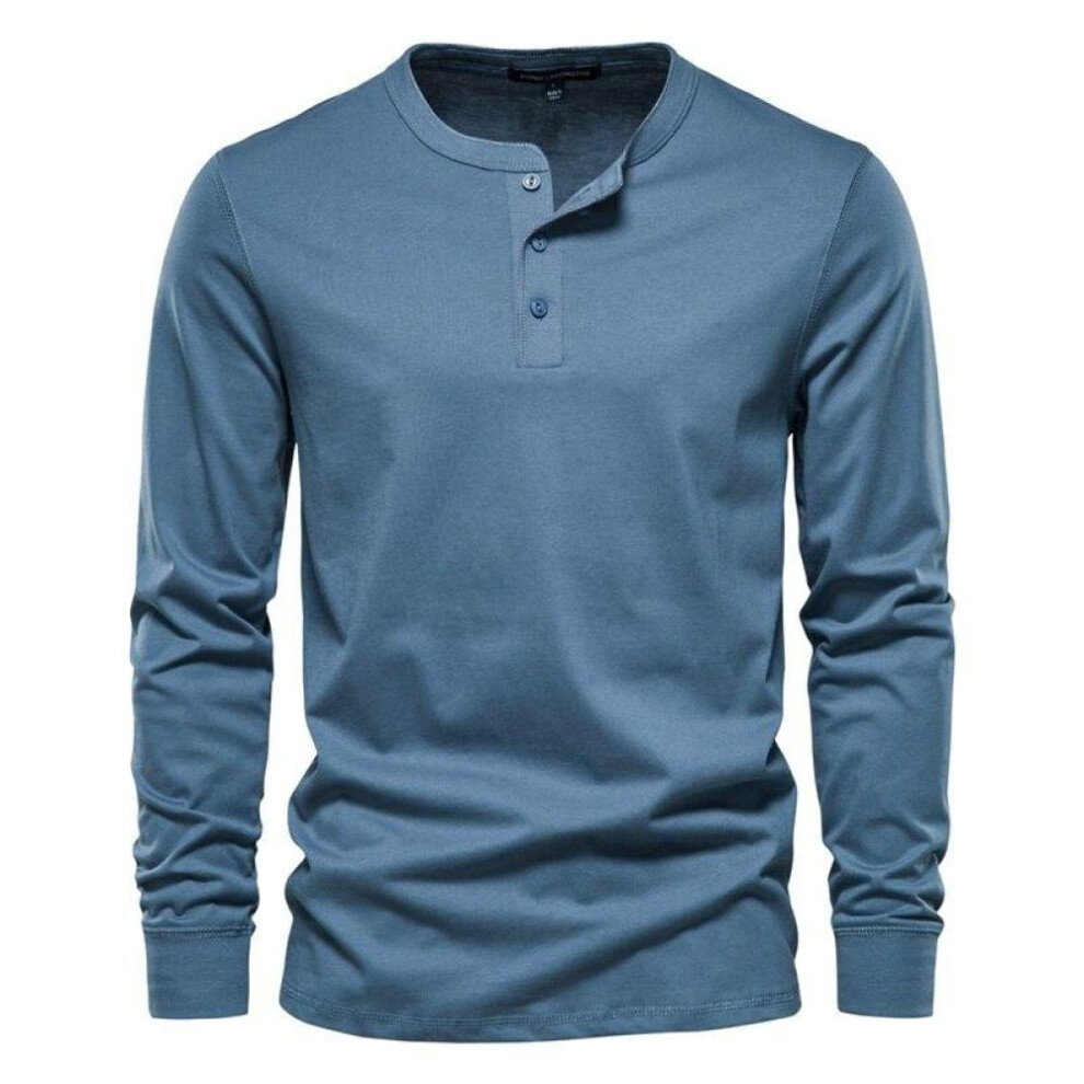(denim blue, XS) Aiopeson Henley Collar 100% Cotton T Shirt Men Casual Solid Color Long Sleeve Top Tees Men New Autumn High Quality Mens T Shirts
