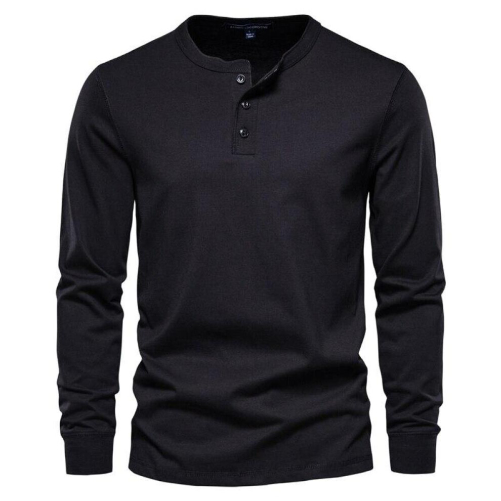 (black, XXL) AIOPESON Henley Collar 100% Cotton T Shirt Men Casual Solid Color Long Sleeve Top Tees Men New Autumn High Quality Mens T Shirts