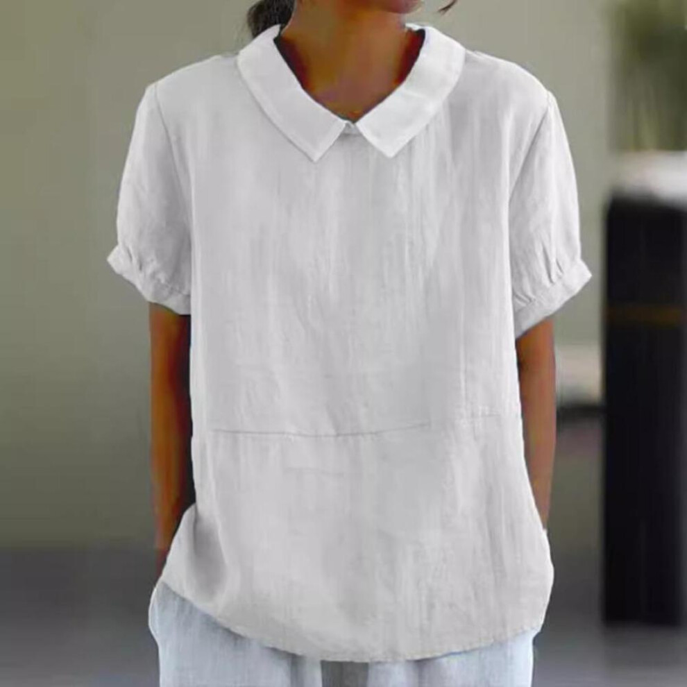 (white, M) Womens Casual Peter Pan Collar Blouse Summer Loose Cotton Blouse Linen Tops Solid Color Short Sleeve Casual Ladies Breathable Shirt