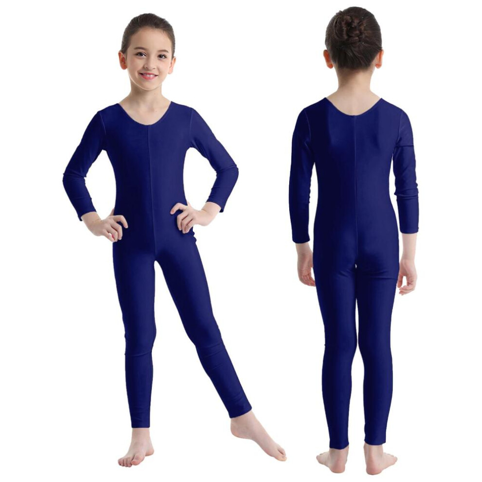 (navy blue, 13-14 Years) Kids Girls Long Sleeve Ballet Dance Gymnastics Leotard Jumpsuit Unitard Solid Color Zipper Stretchy Bodysuit