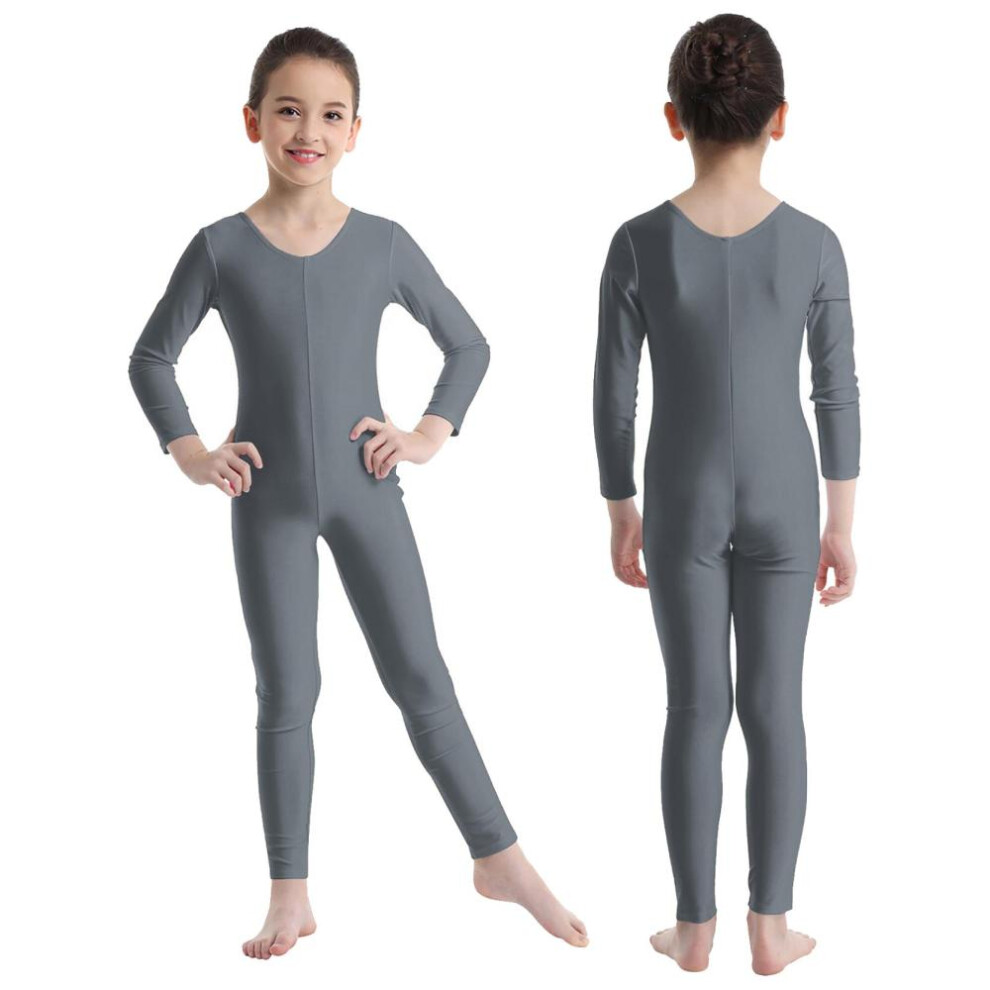 (grey, 11-12 Years) Kids Girls Long Sleeve Ballet Dance Gymnastics Leotard Jumpsuit Unitard Solid Color Zipper Stretchy Bodysuit