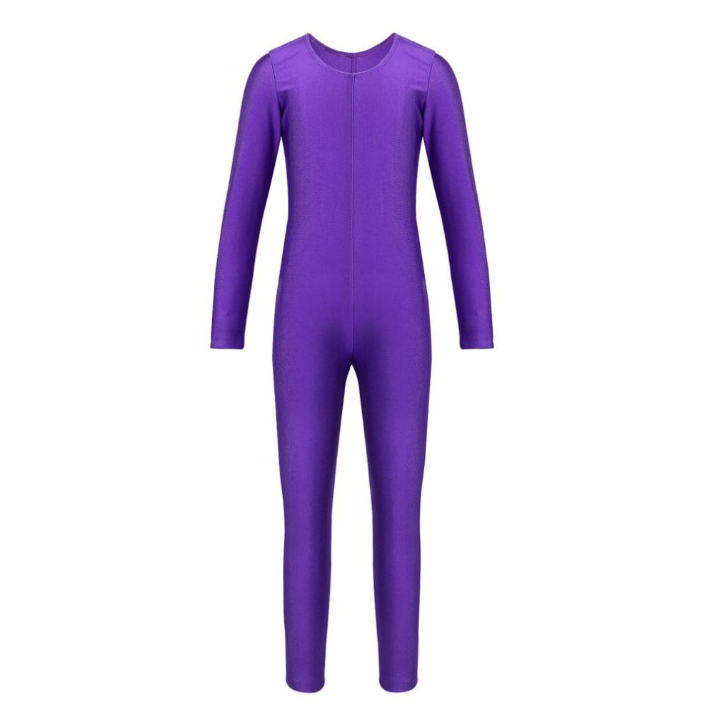 (purple, 13-14 Years) Kids Girls Long Sleeve Ballet Dance Gymnastics Leotard Jumpsuit Unitard Solid Color Zipper Stretchy Bodysuit
