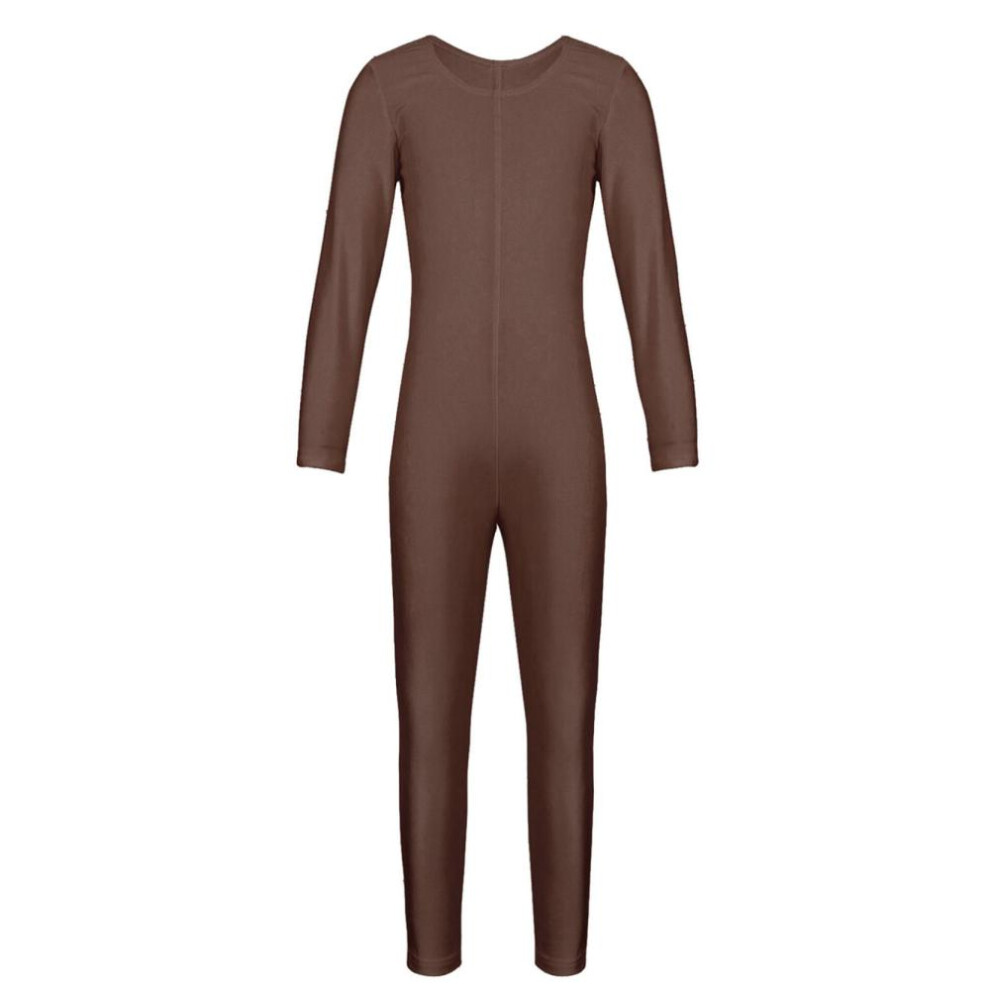 (brown, 9-10 Years) Kids Girls Long Sleeve Ballet Dance Gymnastics Leotard Jumpsuit Unitard Solid Color Zipper Stretchy Bodysuit