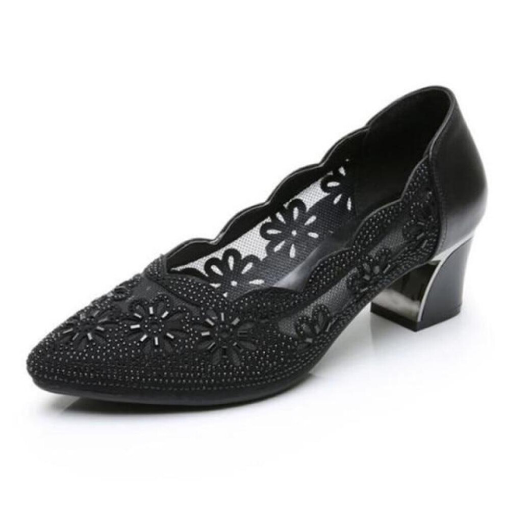 (black, 36) Comemore Summer Fashion Loafers Genuine Leather Pumps Women Luxury Medium Heel High Heels Mesh Ladies Office Shoes Sandals