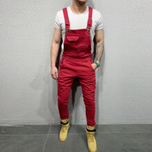(red, M) (SU)Mens Pocket Jeans Overall Jumpsuit Streetwear Overall Suspender Pants