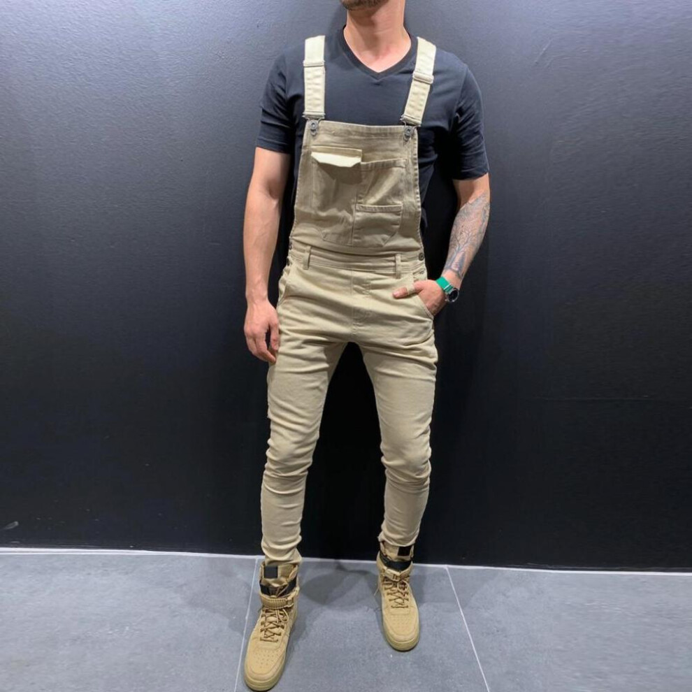 (khaki, L) (su)mens  Pocket Jeans Overall Jumpsuit  Streetwear  Overall Suspender Pants