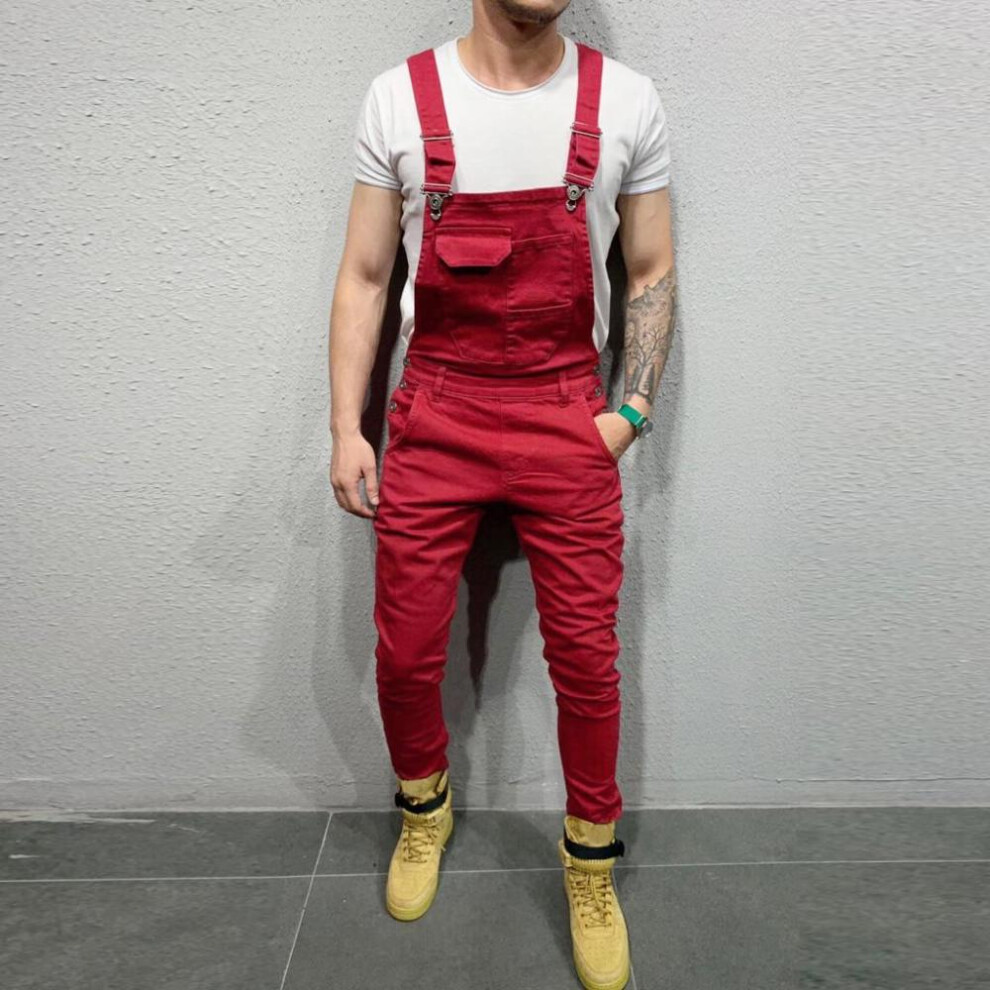 (red, S) (su)mens  Pocket Jeans Overall Jumpsuit  Streetwear  Overall Suspender Pants