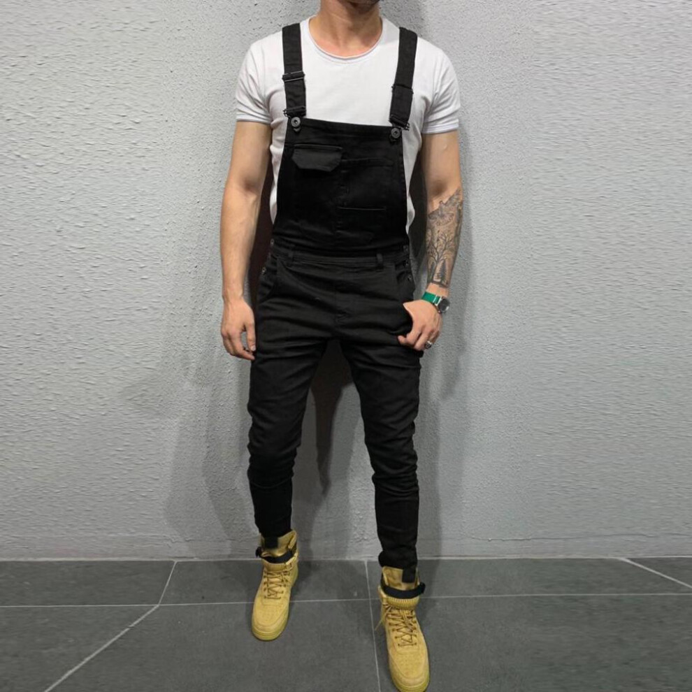 (black, XXXL) (SU)Mens  Pocket Jeans Overall Jumpsuit  Streetwear  Overall Suspender Pants