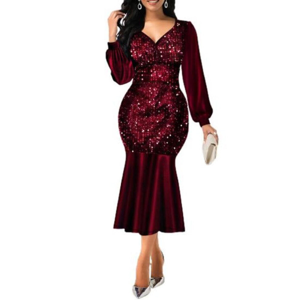 (wine red, XL) Slim Comfy Popular Sequin V Neck Long Sleeve Dress Prom Dress