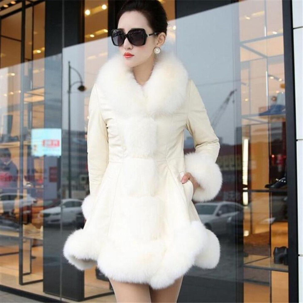 (white, S) Ladies Winter Faux Fox Fur Leather Coat Warm Fluffy Hoodie Thick Overcoat Plus Size Jacket Slim Fit
