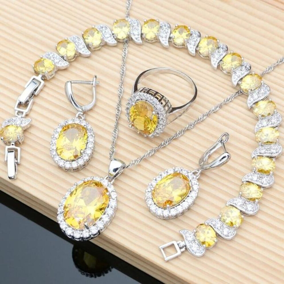 (yellow, 8.5) Purple Gem Amethyst 925 Silver Jewelry Sets Earrings Rings Accessories Women Wdding Monkey Necklace Set