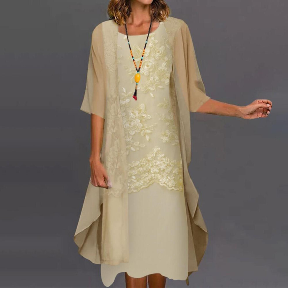 (yellow, M) Women's Lace Print Cocktail Dress Festive Bridesmaid Wedding Midi Evening Dresses Sleeveless Vintage Tulle Cardigan