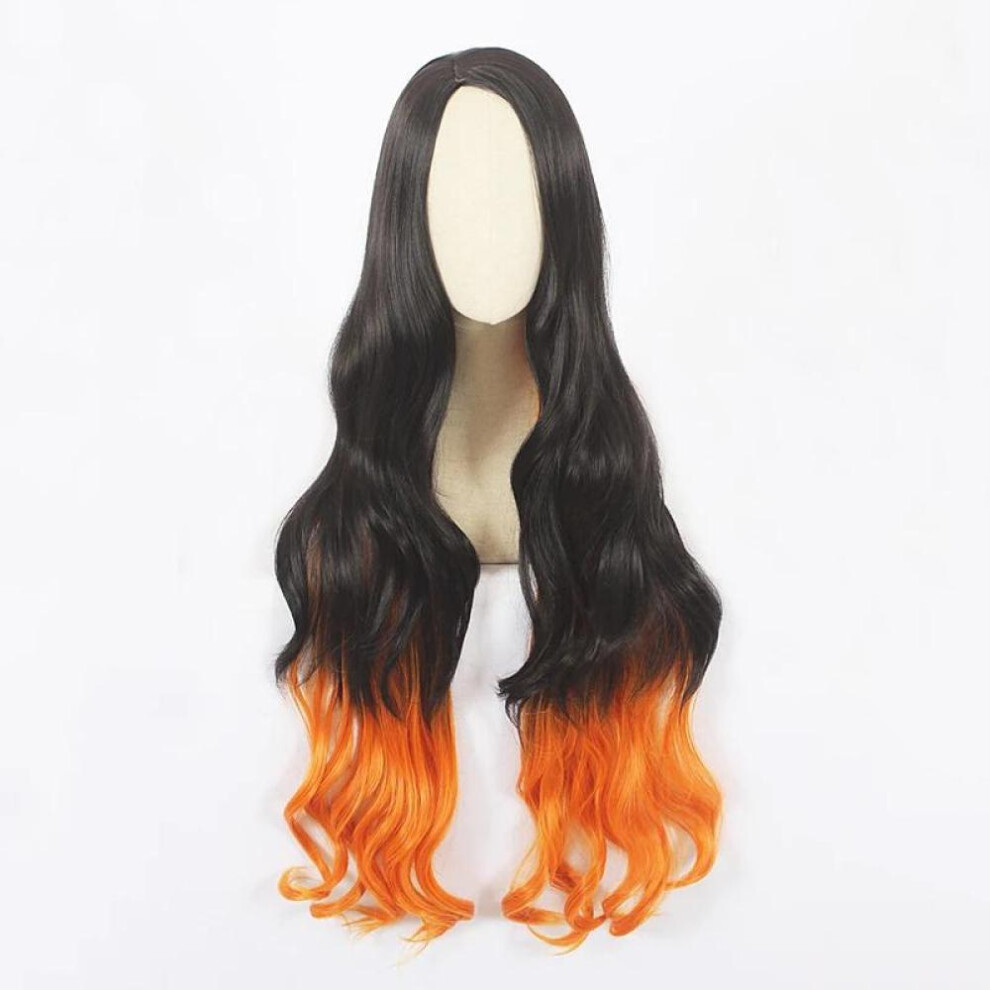 (as the picture, 28inches) Anime Cosplay Wig Synthetic Hair Demon Slayer Kamado Nezuko Cosplay Wig  Long Curly Costume Wigs