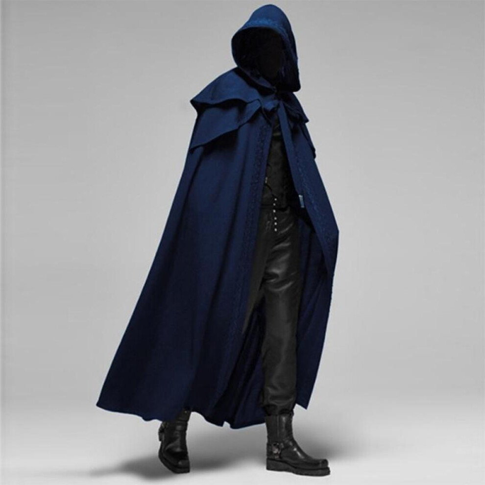 (blue, XXXL) Cosplay Medieval Men Costumes Knight Pirate Prince Gothic Retro Hooded Cloak Capes Long Robes Jackets Coat Carnival Halloween