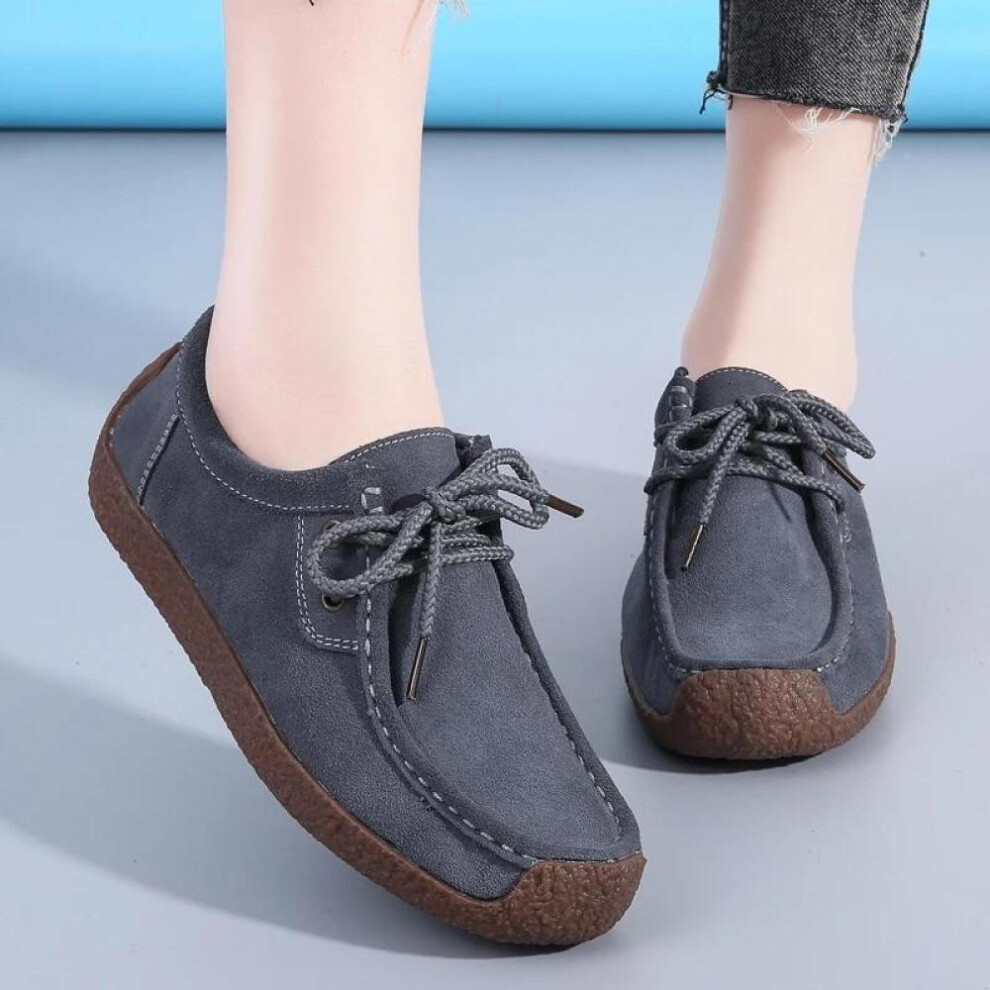 (gray, 41) Suede Leather Women Casual Shoes Lace Up Flats Sneakers Women Moccasins Designer Loafers Ladies Shoes Woman